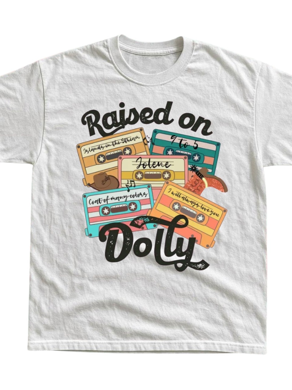 Gildan White "Raised on Dolly" Retro Cassette Tee